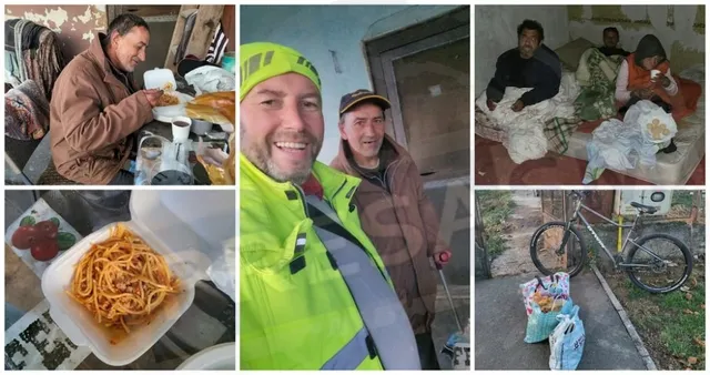 Un bărbat zâmbind poartă o vestă galbenă, în timp ce în fundal un alt bărbat stă lângă o ușă.