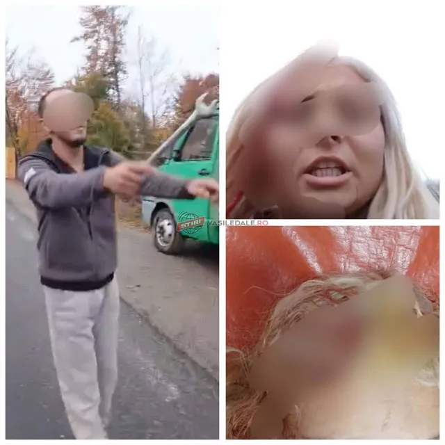 Un bărbat stă pe un drum lângă o mașină verde, în timp ce două imagini de tip prim-plan arată fețe cu zone blurate.