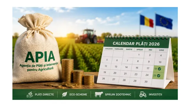 Un sac de pânză cu textul APIA, monede de aur și un calendar de birou deschis pe luna iunie într-un câmp agricol cu un tractor.