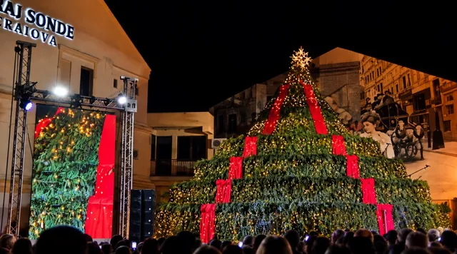 Un brad de Crăciun mare, decorat cu luminițe și panglici roșii, stă într-o piață noaptea, în fața unei mulțimi de oameni.