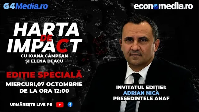 Un bărbat cu păr scurt, purtând o cămașă albă și o cravată neagră, este prezentat pe un fundal negru cu text alb și roșu.