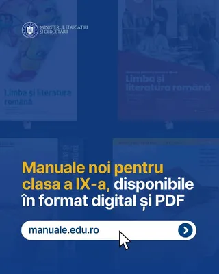 Un afiș albastru prezintă textul despre manuale pentru clasa a IX-a și un link către un site web pe un fundal cu imagini difuze.