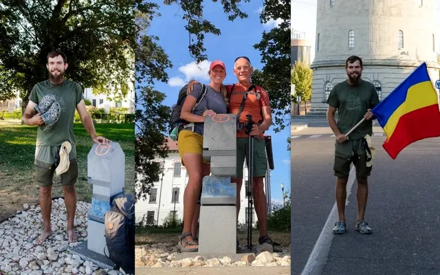 Un colaj de trei fotografii cu un bărbat care poartă haine de drumeție, alături de un marker de traseu și un steag românesc.