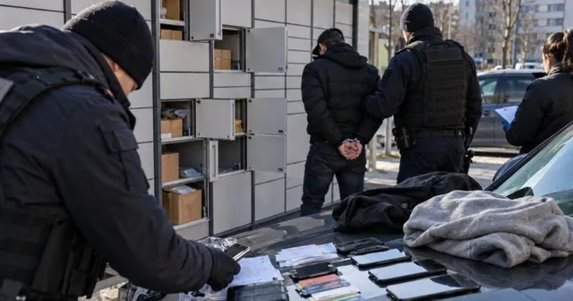 Trei bărbați în haine negre stau lângă un grup de casete metalice gri și un capotă de mașină pe care sunt așezate diverse obiecte personale.