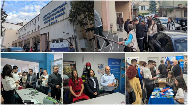 Un grup de persoane stă în interiorul unei clădiri lângă mese cu documente și un grup de oameni se află pe o stradă lângă mașini.