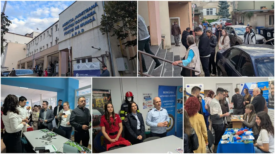 Un grup de persoane stă în interiorul unei clădiri lângă mese cu documente și un grup de oameni se află pe o stradă lângă mașini.