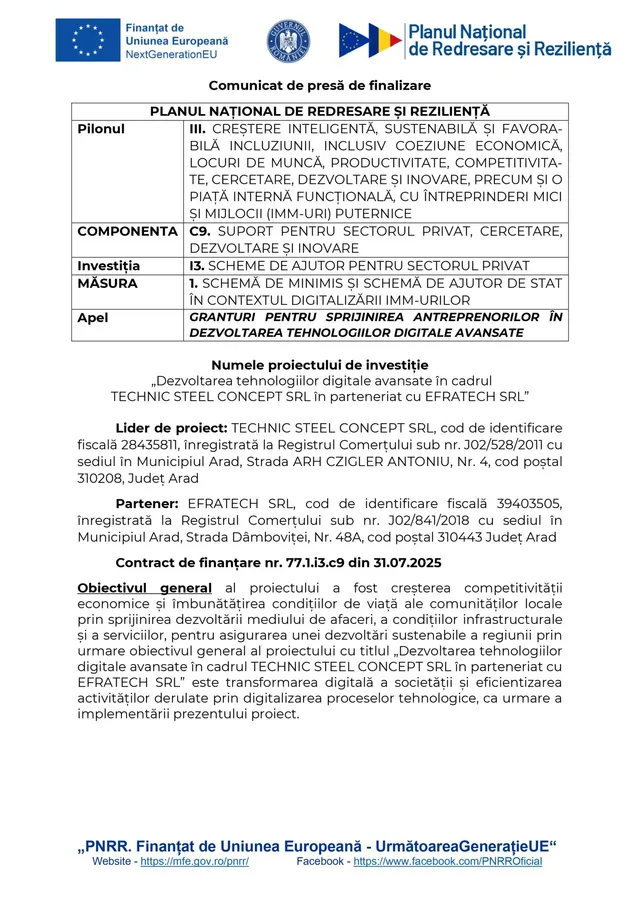 Un document tipărit prezintă text scris pe fundal alb, sub logo-urile Uniunii Europene și ale Planului Național de Redresare și Reziliență.