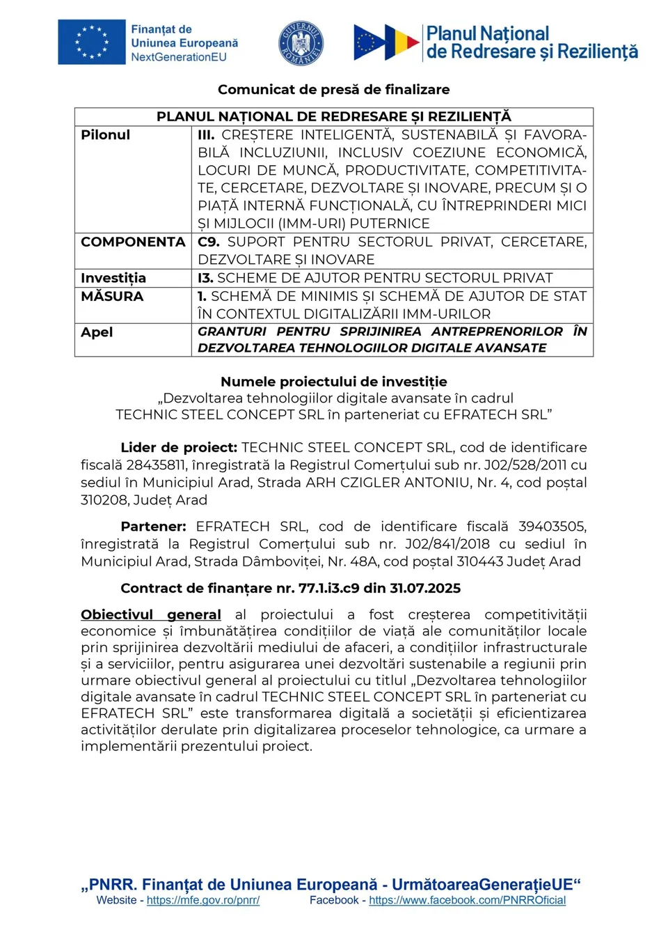 Un document tipărit prezintă text scris pe fundal alb, sub logo-urile Uniunii Europene și ale Planului Național de Redresare și Reziliență.