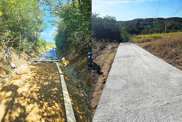 Două fotografii suprapuse prezintă o porțiune de drum din pământ cu borduri de beton și o porțiune de drum betonat în mijlocul vegetației.