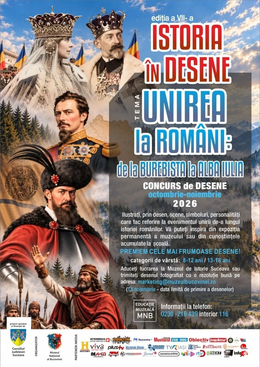 Un afiș cu ilustrații ale unor figuri istorice masculine și feminine purtând coroane și haine tradiționale, pe un fundal cu pădure și steaguri colorate.