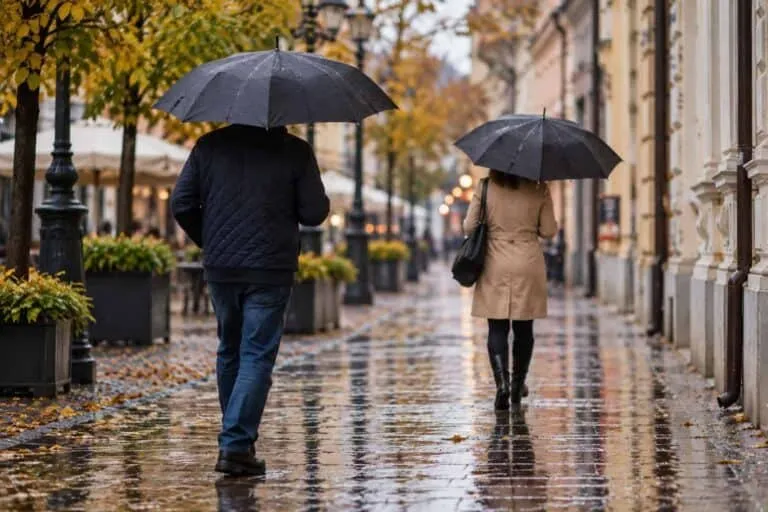 Două persoane merg pe un trotuar umed sub umbrele negre, în apropierea unor clădiri și a unor plante în ghivece.