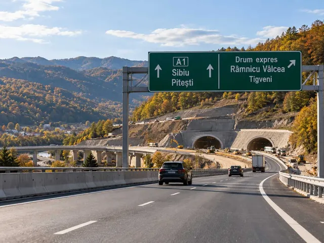 O autostradă cu două benzi de circulație trece pe lângă un pod și tuneluri excavate într-un deal împădurit sub un cer înnorat.