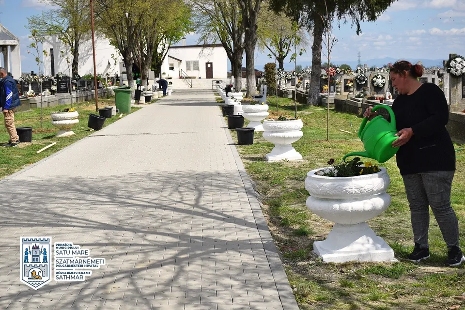O femeie cu părul legat udă plante dintr-un ghiveci alb pe marginea unui drum pavat într-un cimitir.