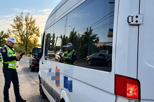 Un polițist în uniformă și vestă reflectorizantă ține un dispozitiv digital lângă o mașină albă, în timp ce un alt polițist este reflectat în geamul unui van.