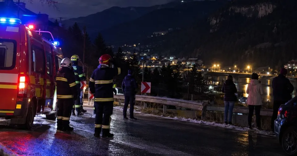 Pompieri în echipament de protecție și civili stau pe un drum umed lângă un camion de serviciu roșu, sub un cer nocturn montan.