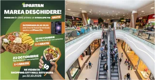Un afiș publicitar cu mâncare și o fotografie cu interiorul unui centru comercial ce prezintă scări rulante și oameni.
