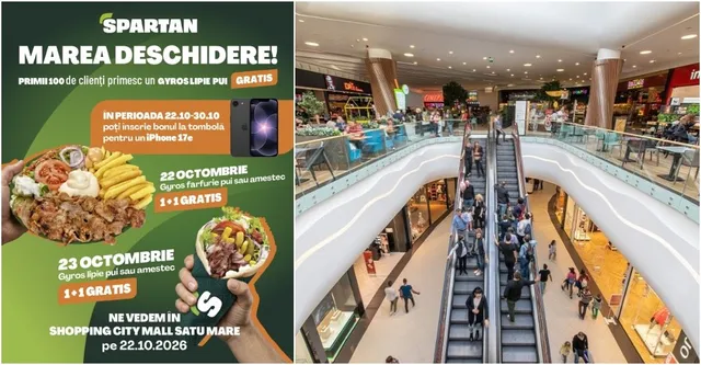 Un afiș publicitar cu mâncare și o fotografie cu interiorul unui centru comercial ce prezintă scări rulante și oameni.