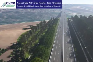 O reprezentare digitală a unei autostrăzi cu mai multe benzi de circulație, bordură și vegetație de o parte și de alta a drumului.