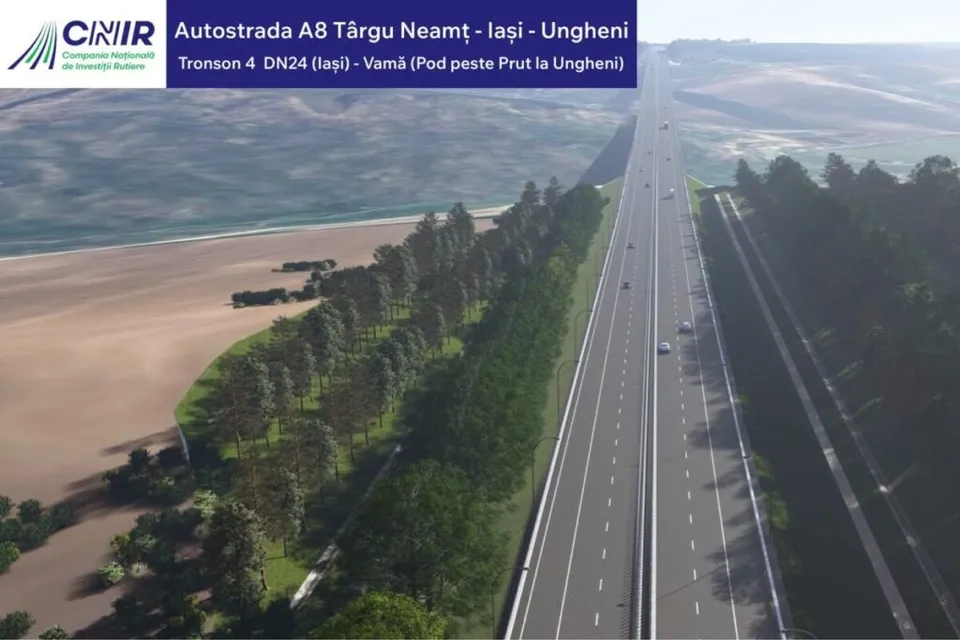 O reprezentare digitală a unei autostrăzi cu mai multe benzi de circulație, bordură și vegetație de o parte și de alta a drumului.