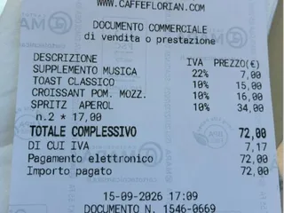 O bonă de plată de la Caffè Florian prezintă detalii despre produse, taxe de muzică, prețuri și o sumă totală de 72 de euro.