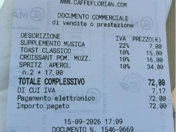 O bonă de plată de la Caffè Florian prezintă detalii despre produse, taxe de muzică, prețuri și o sumă totală de 72 de euro.