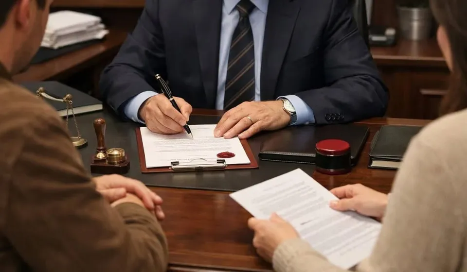 Un bărbat într-un costum închis semnează un document pe un clipboard aflat pe o masă de lemn, în prezența a altei două persoane.