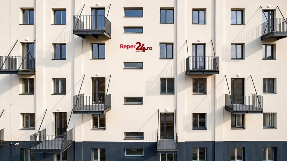 O clădire de apartamente cu fațadă albă și gri prezintă ferestre rectangulare și balcoane negre cu balustrade metalice.