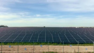 O întinsă de panouri solare negre este instalată pe un teren plat sub un cer cu nori subțiri, fiind delimitată de un gard metalic în prim-plan.