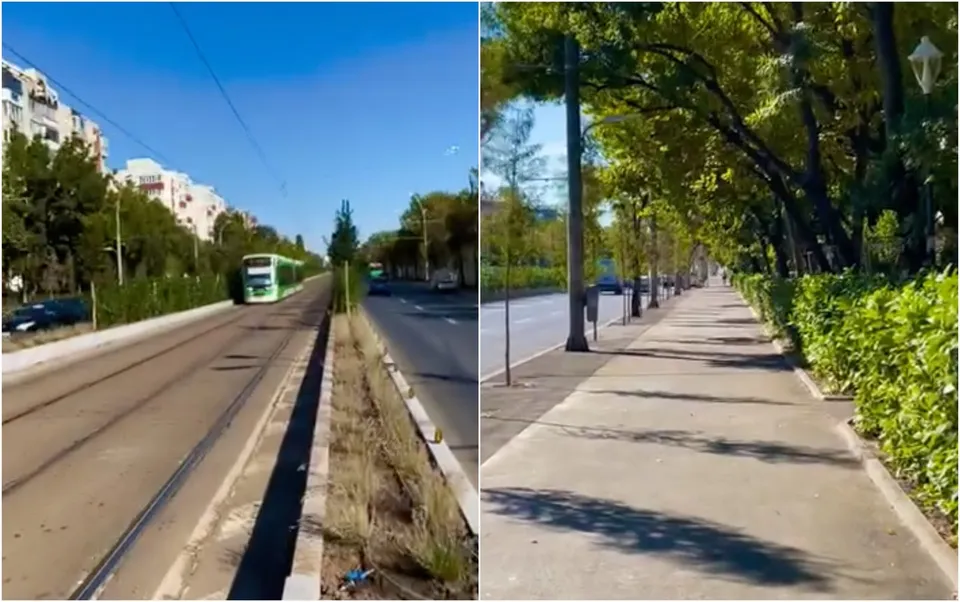 Două cadre prezintă o pistă de trotuar lângă o stradă cu un autobuz verde și un drum cu vegetație și copaci pe margini.