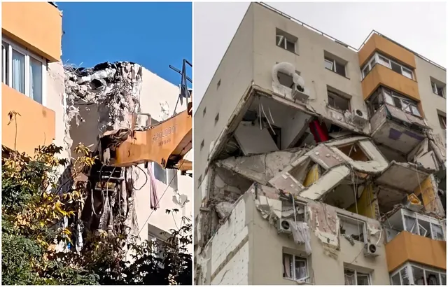 Două imagini arată o clădire de apartamente cu etaje superioare distruse, resturi de beton și obiecte personale pendente din structura afectată.