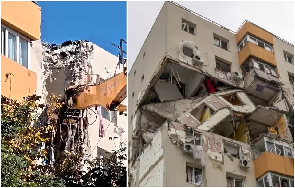 Două imagini arată o clădire de apartamente cu etaje superioare distruse, resturi de beton și obiecte personale pendente din structura afectată.