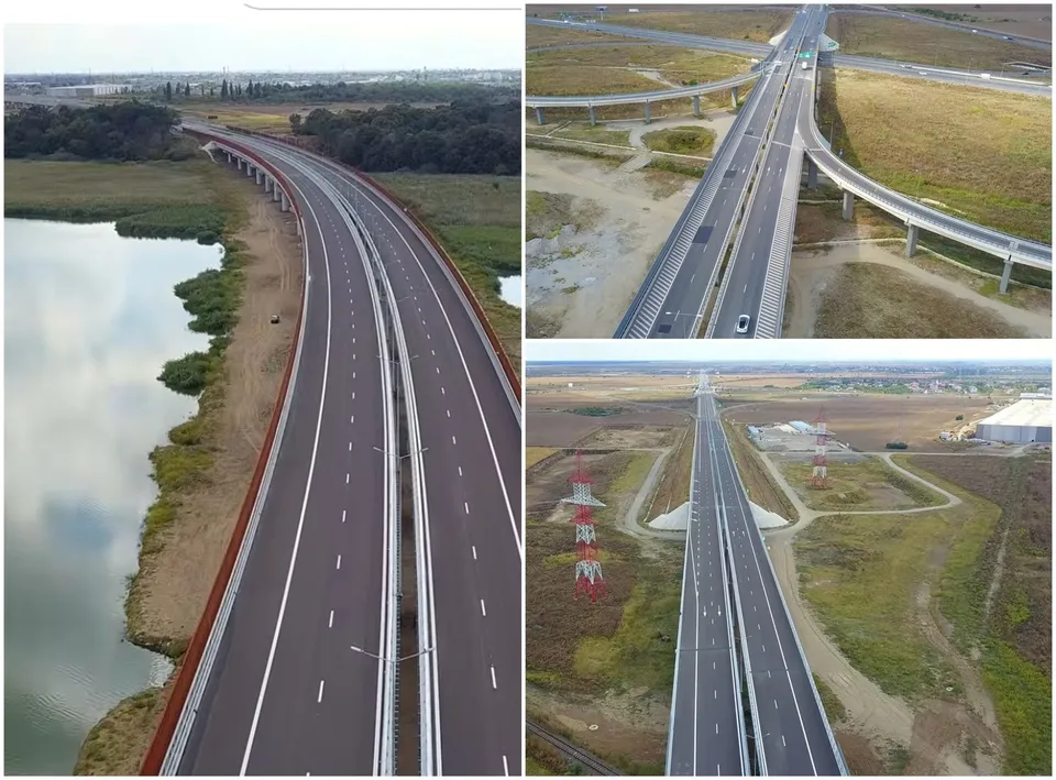 Imagine compusă cu trei fotografii aeriene prezentând porțiuni de autostradă cu benzi marcate, poduri și vegetație în fundal.
