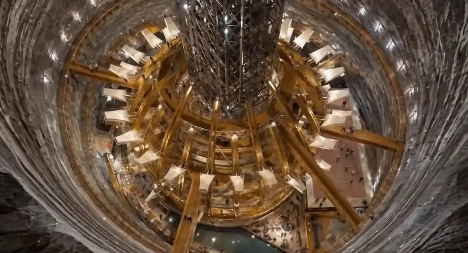 O vedere de sus a unei structuri circulare cu platforme de lemn și elemente metalice situate într-o cavitate subterană cu pereți texturați.