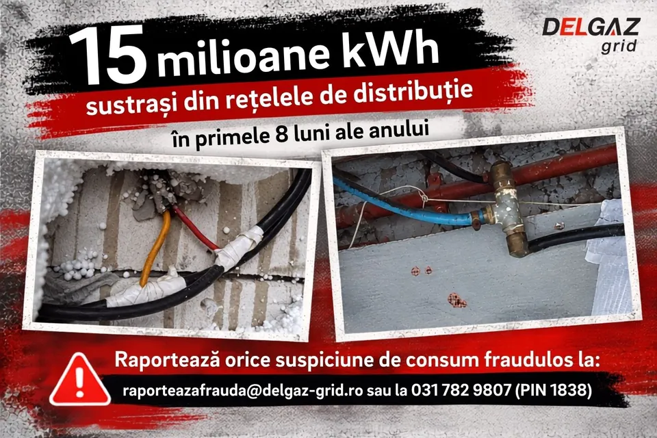 Un afiș cu text și două fotografii ilustrând cabluri electrice, un robinet și țevi pe un fundal alb și gri.