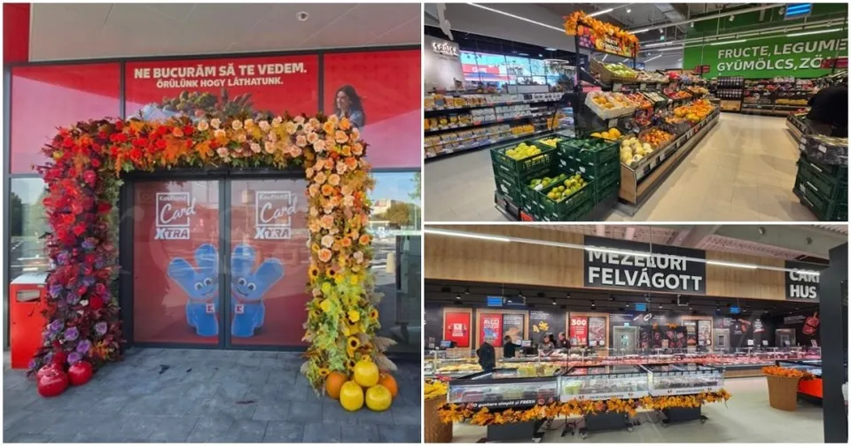 Un colaj format din trei imagini prezentând o intrare decorată cu flori, un raft cu fructe și legume și o secțiune de mezeluri într-un magazin.