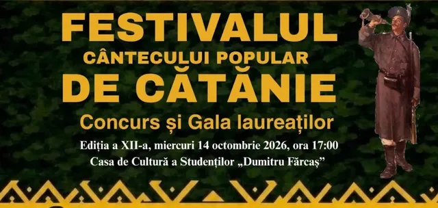 Un afiș cu text galben pe un fundal închis, prezentând un bărbat într-un costum tradițional care ține un instrument muzical în partea dreaptă.