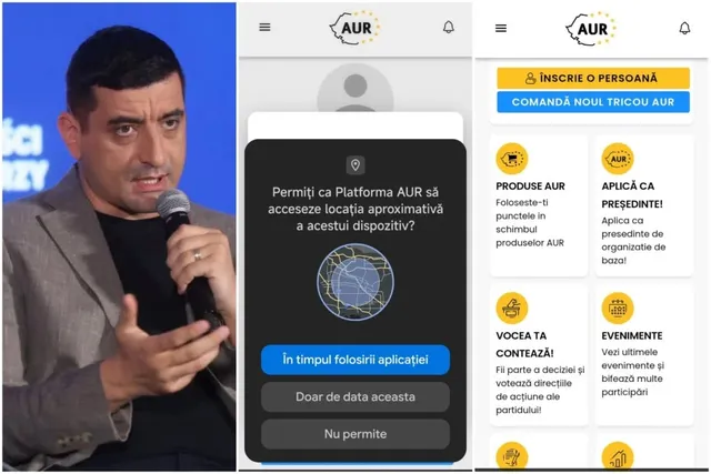 Un bărbat cu o jachetă maro și tricou negru vorbește într-un microfon, lângă capturi de ecran ale unei aplicații mobile cu text și butoane pe fundal alb.