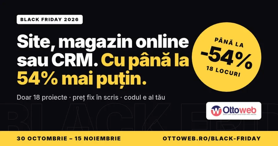 O afișă promotională neagră cu text alb și galben, un cerc galben cu reducerea de -54% și logo-ul Ottoweb în colțul dreapta-jos.