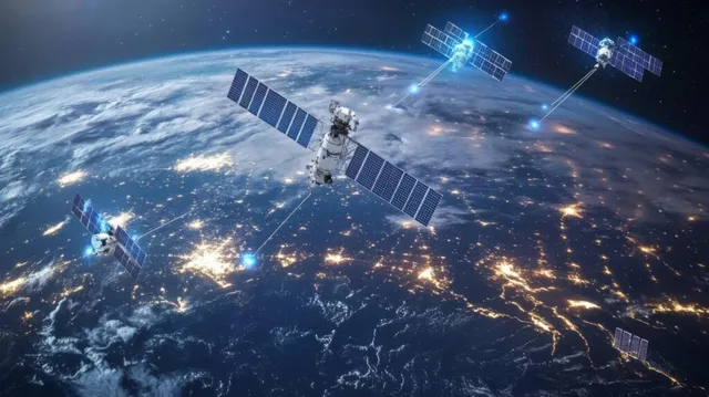 Mai multe sateliți cu panouri solare sunt plasați pe orbita unei planete luminoase, deasupra unei suprafețe cu zone urbane iluminate noaptea.