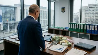Un bărbat într-un costum albastru stă la o masă de lucru cu dosare, un calculator, un calculator deряз și teancuri de bani de pe ea.