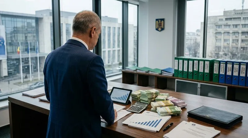 Un bărbat într-un costum albastru stă la o masă de lucru cu dosare, un calculator, un calculator deряз și teancuri de bani de pe ea.