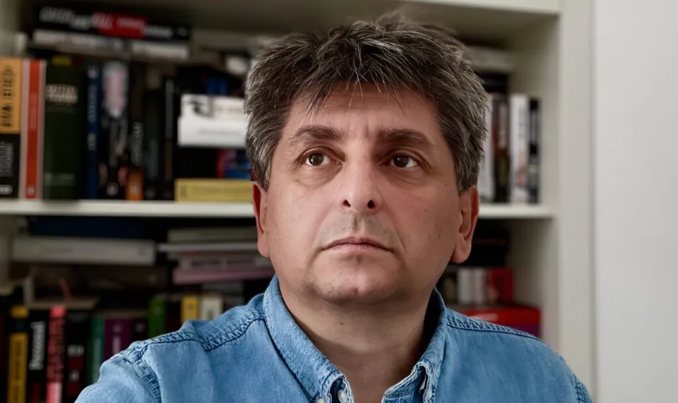 Un bărbat cu părul închis la culoare și cămașă de denim stă în fața unor rafturi cu cărți.