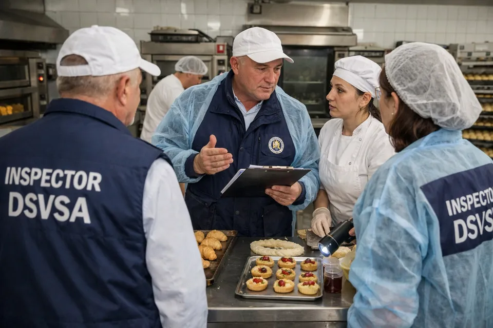 Un inspector cu vestă albastră și un clipboard discută cu două femei în haine albe de bucătar lângă tăvi cu produse de patiserie.