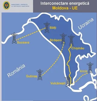 Harta albastră prezintă conturul unor țări cu linii punctate galbene și pictograme de turnuri electrice dispuse pe suprafața acesteia.