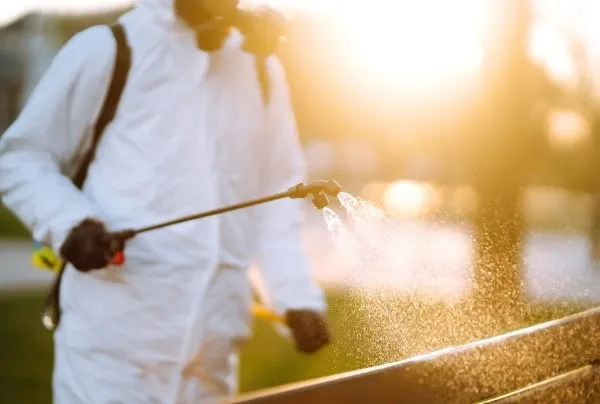 O persoană îmbrăcată într-un costum alb de protecție pulverizează un lichid cu un dispozitiv lung într-un spațiu exterior iluminat de lumină solară.