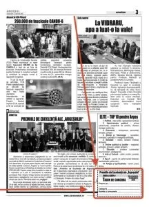 Pagina unui ziar cu mai multe articole, fotografii de grup și un text de prezentare pentru un concurs de premii.