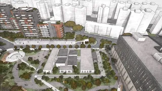 O schiță arhitecturală de la înălțime prezintă clădiri rezidențiale, spații verzi și drumuri într-un plan urban densificat.