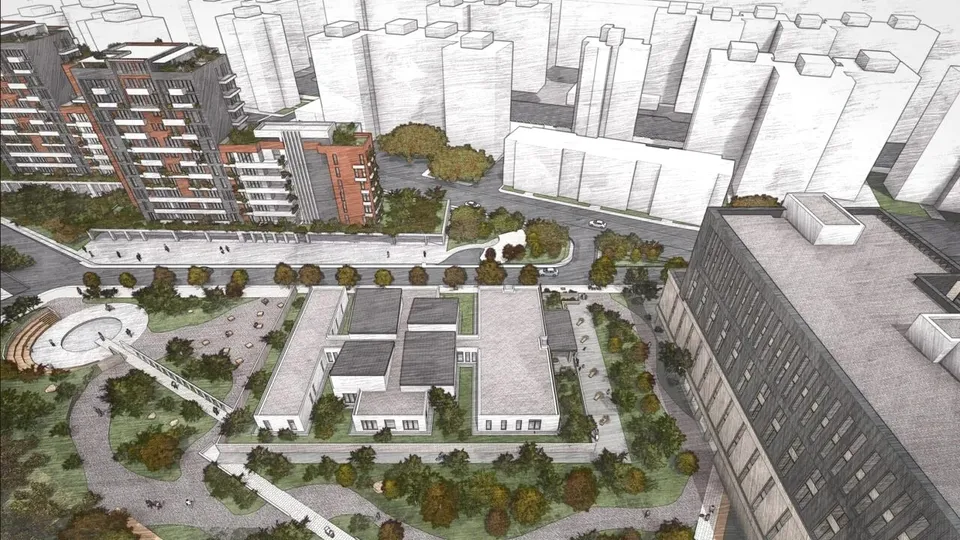 O schiță arhitecturală de la înălțime prezintă clădiri rezidențiale, spații verzi și drumuri într-un plan urban densificat.