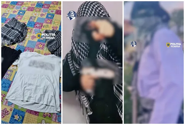 Un colaj prezintă un tricou alb pe un pat colorat și două imagini cu persoane ale căror fețe sunt blurate.