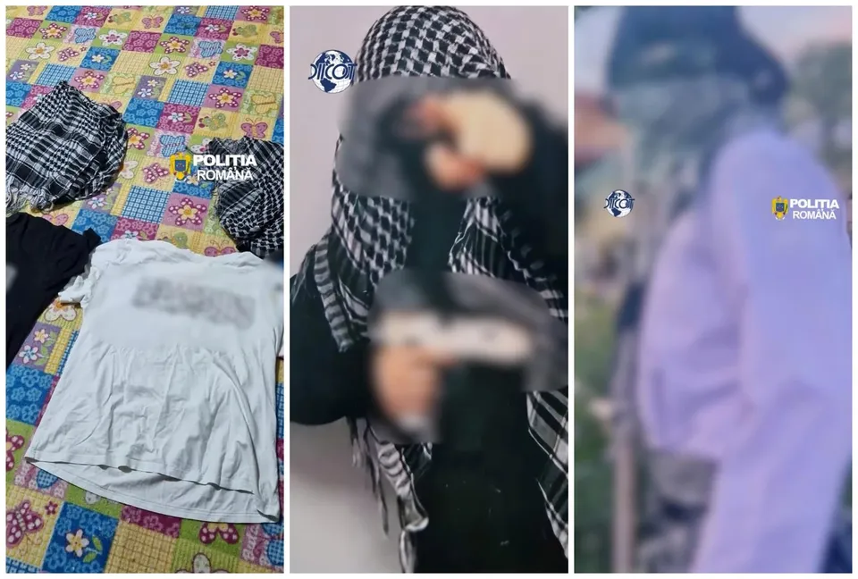 Un colaj prezintă un tricou alb pe un pat colorat și două imagini cu persoane ale căror fețe sunt blurate.